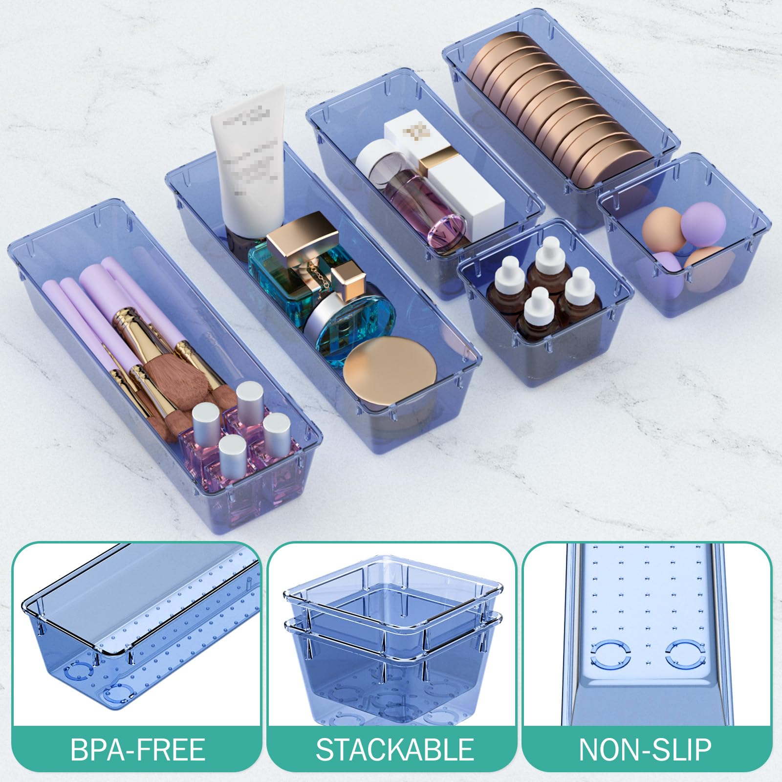 6 Pack Clear Drawer Organizer Set, Drawer Storage Trays, Storage Bins
