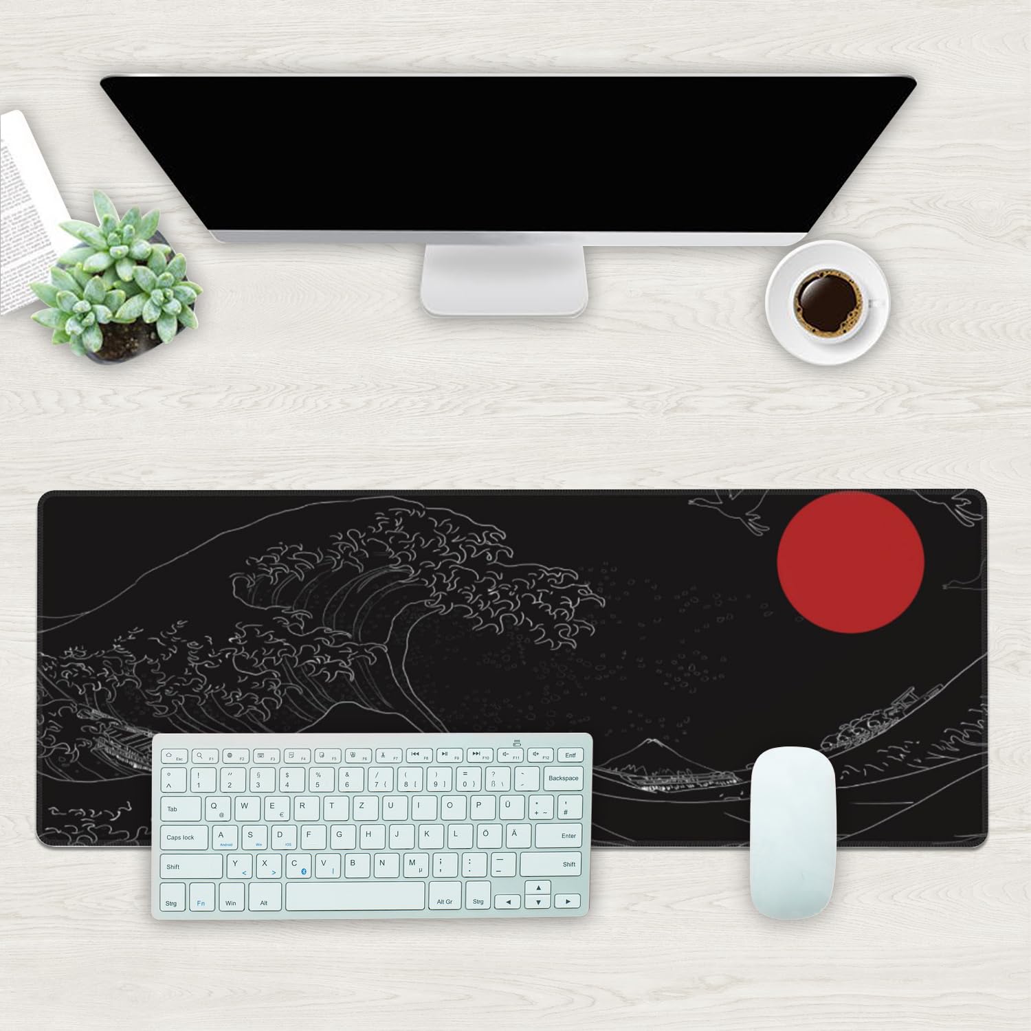 Desk Mat, Black Japanese Style Wave and Red Sun Extended Gaming Mouse Pad Large, 31.5"x11.8" Big