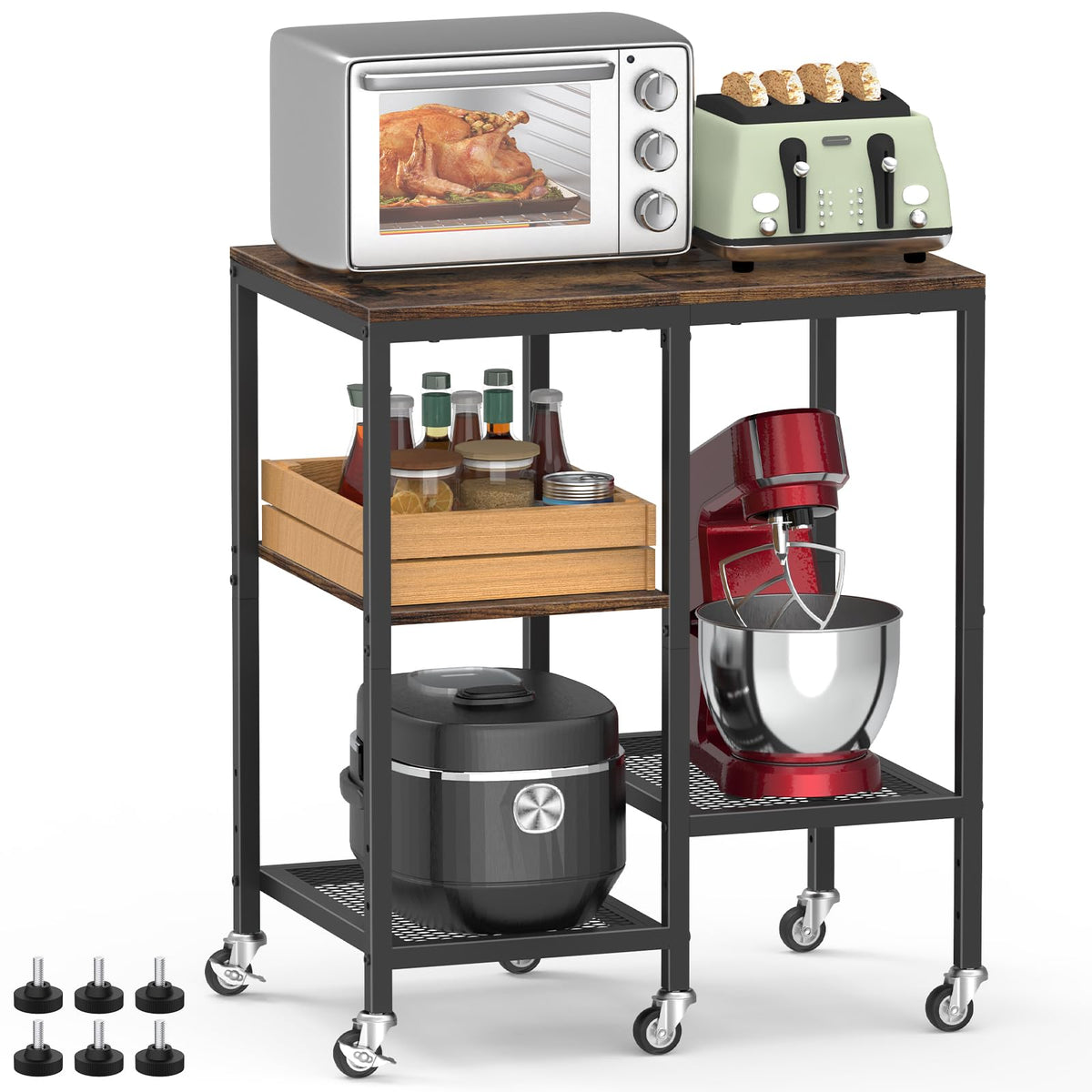 OGEMXU Rolling Kitchen Microwave Cart,4 Tier Microwave Stand,Brown