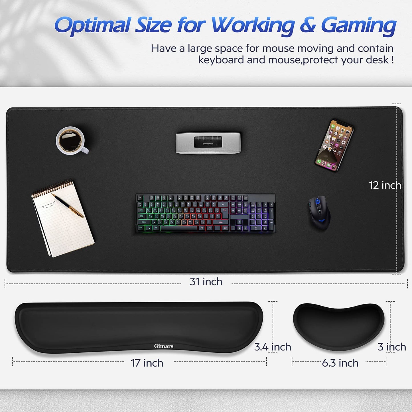 Gimars 4 in 1 Mouse Pad and Keyboard Wrist Rest Set, Large Mouse Pad with Memory Foam Wrist Support