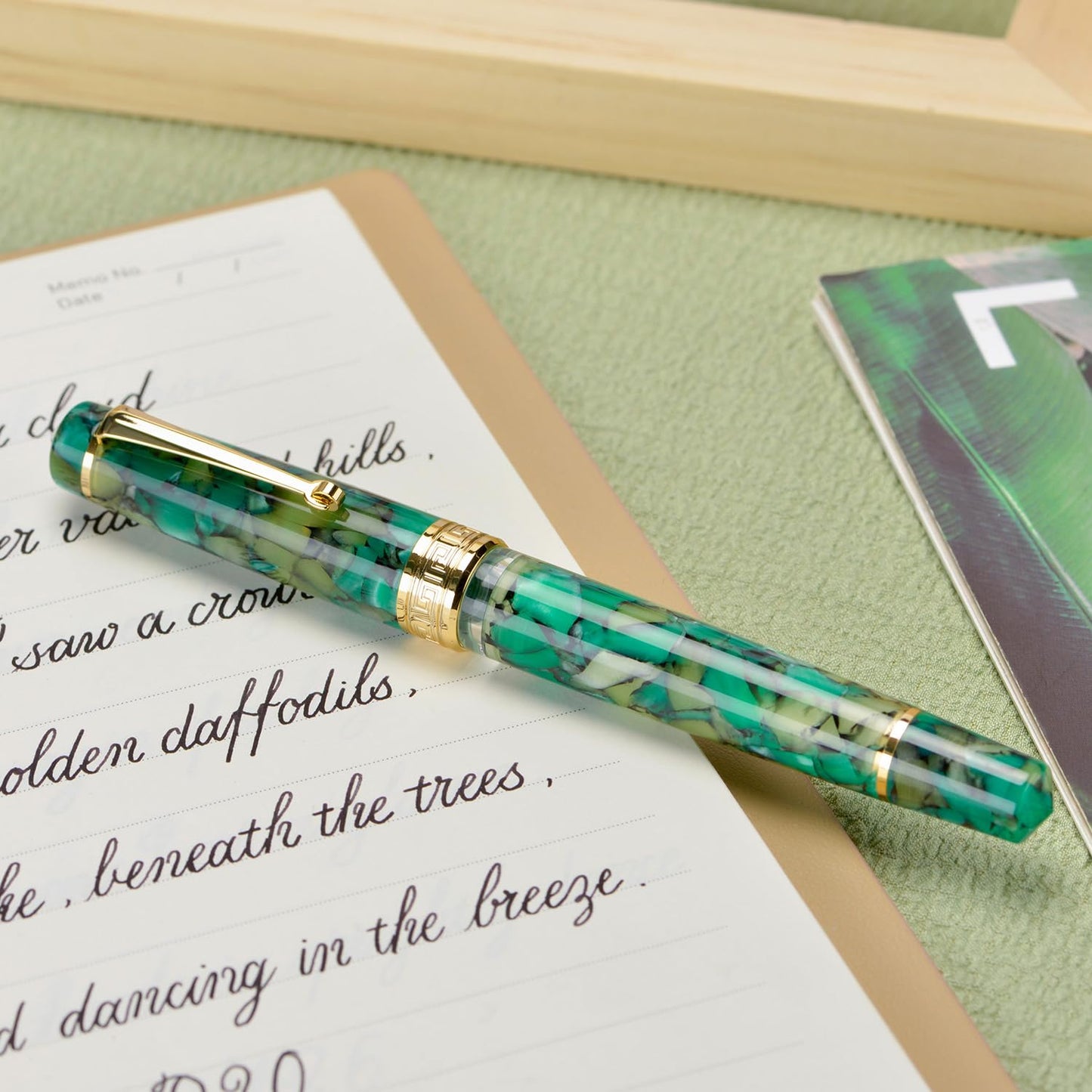 Asvine P20 Piston Fountain Pen Green Marble Acrylic, Medium Nib Gold Trim Smooth Writer Collection