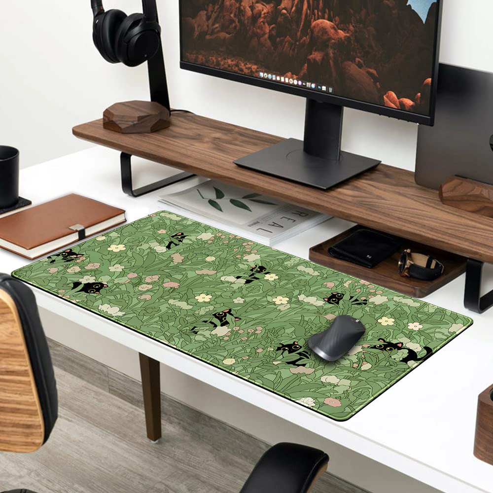 YKJWW Green Desk Mat Cat Cute Flower Plant Cool Desk Pad XXL Keyboard Mat