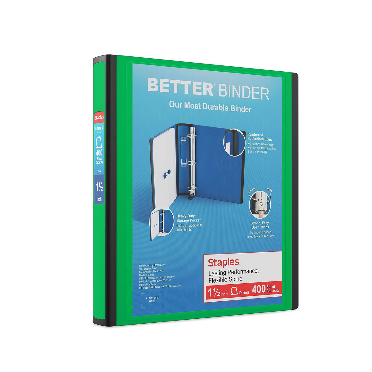 Staples Better Binder, 1.5 Inch D-Ring, Green, 400 Sheets, 3-Pack