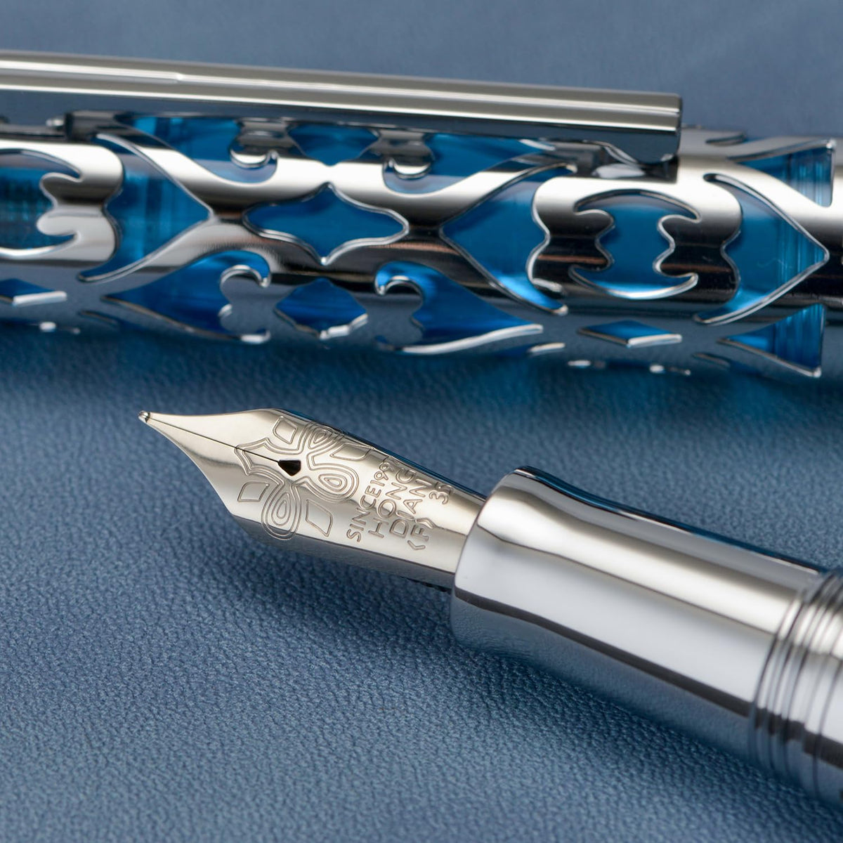 HONG DIAN D1 Piston Fountain Pen Fine Soft Nib, Silver Blue Hollow Skeleton & Resin Pen with Metal