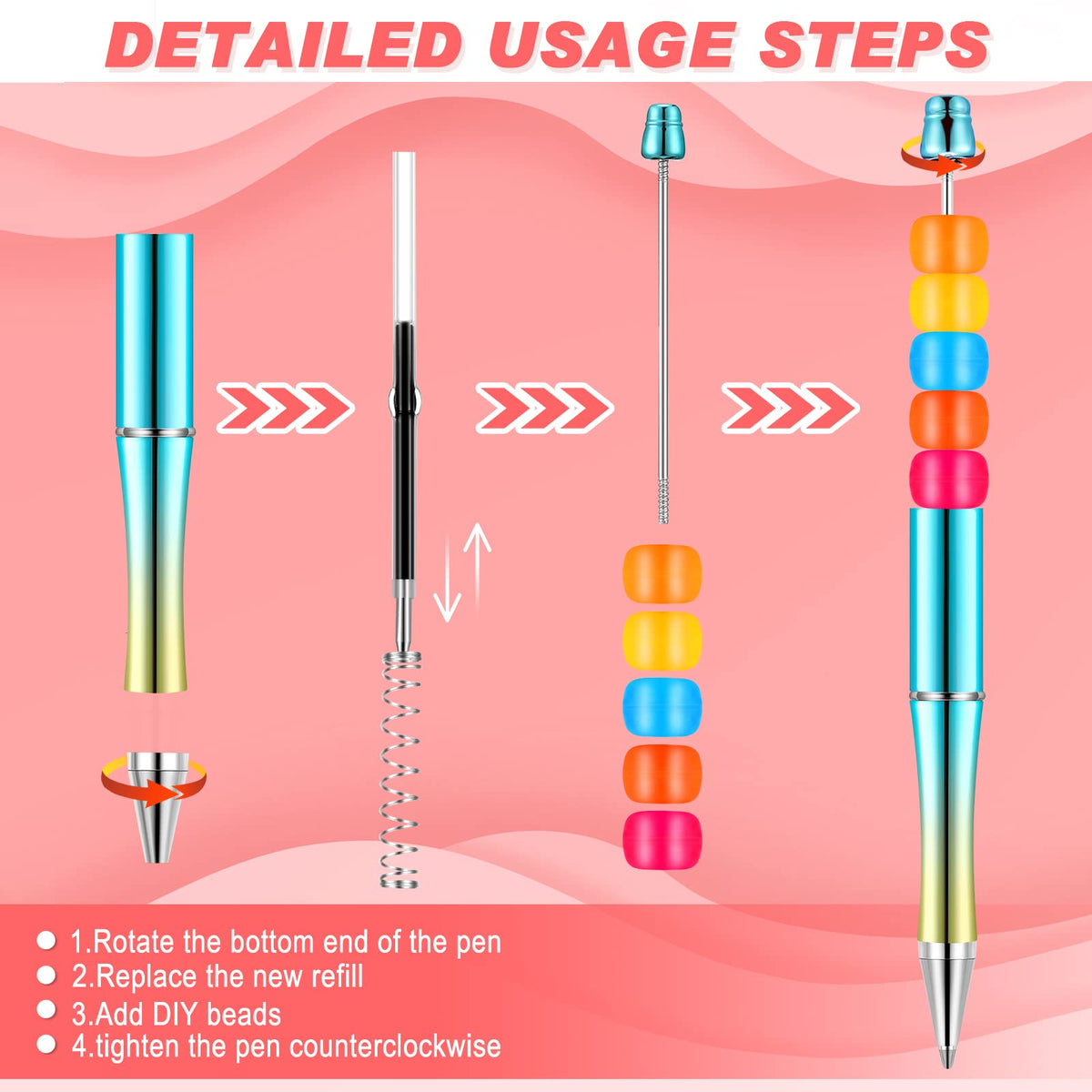 Crtiin 50 Pack Beadable Pens, Ballpoint Pens, School Supplies, Multicolor