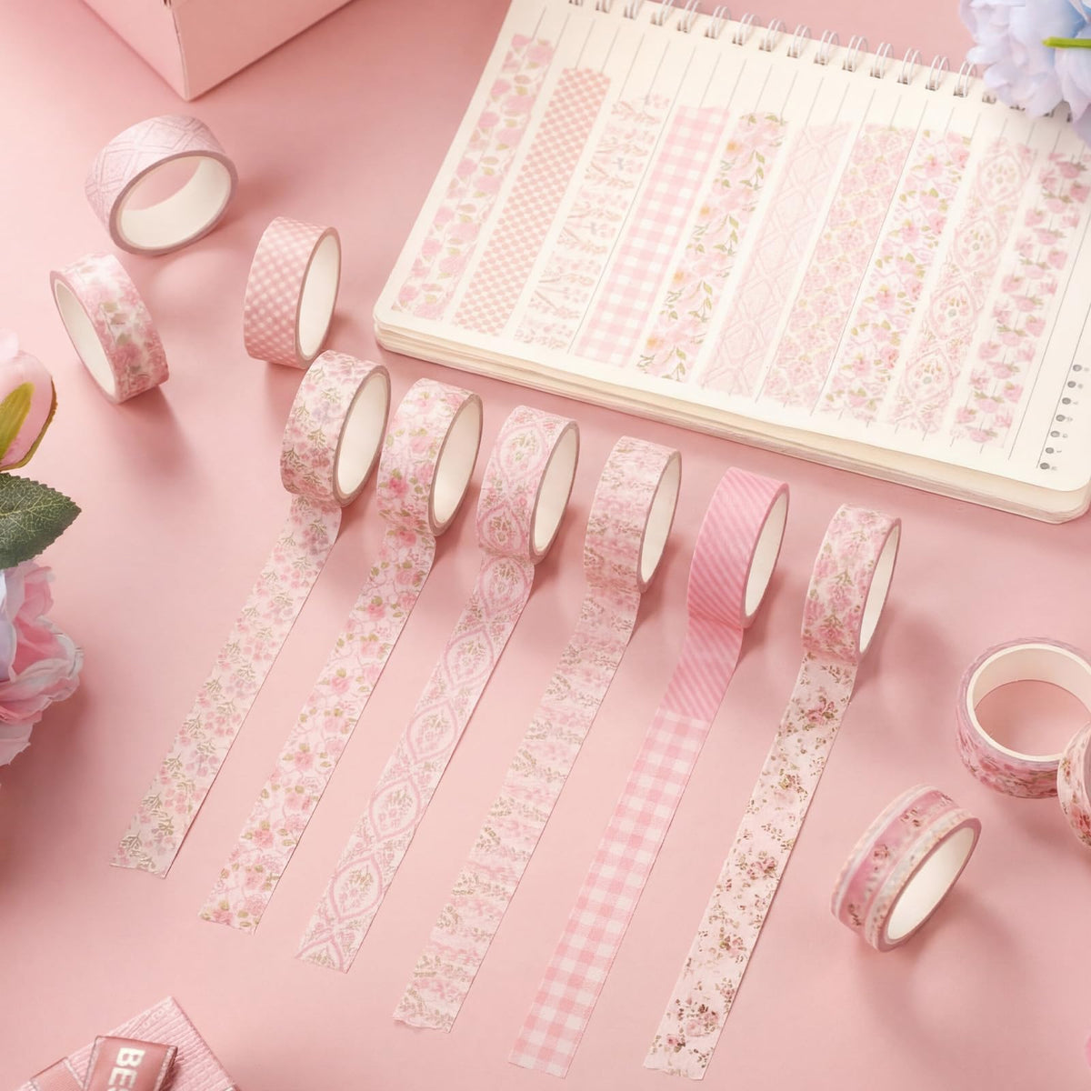 YooNotee 12 Rolls Floral Washi Tape Set,Pastel Pink,Tea Party