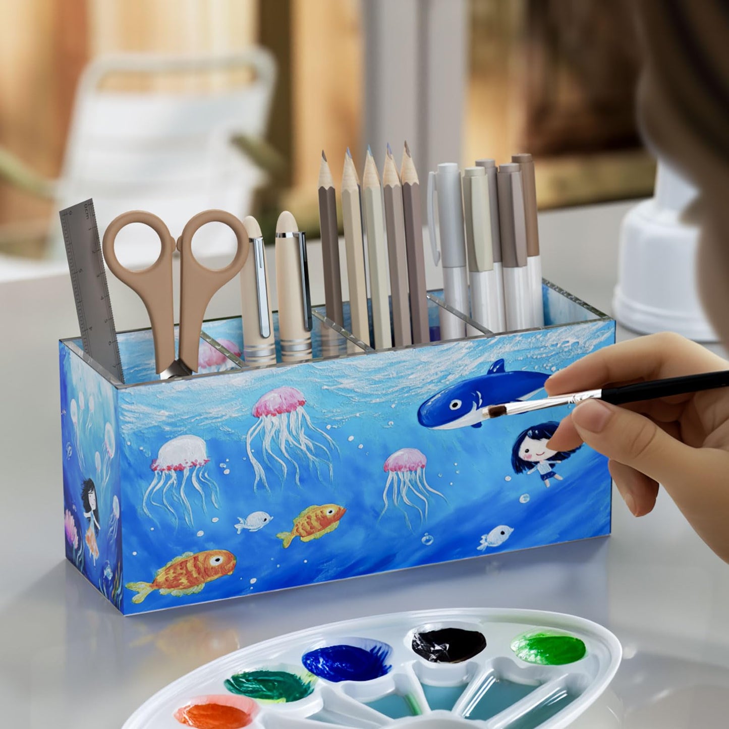 NIUBEE Acrylic Pen Holder 4 Compartments, Clear Desk Pencil Organizer Cup