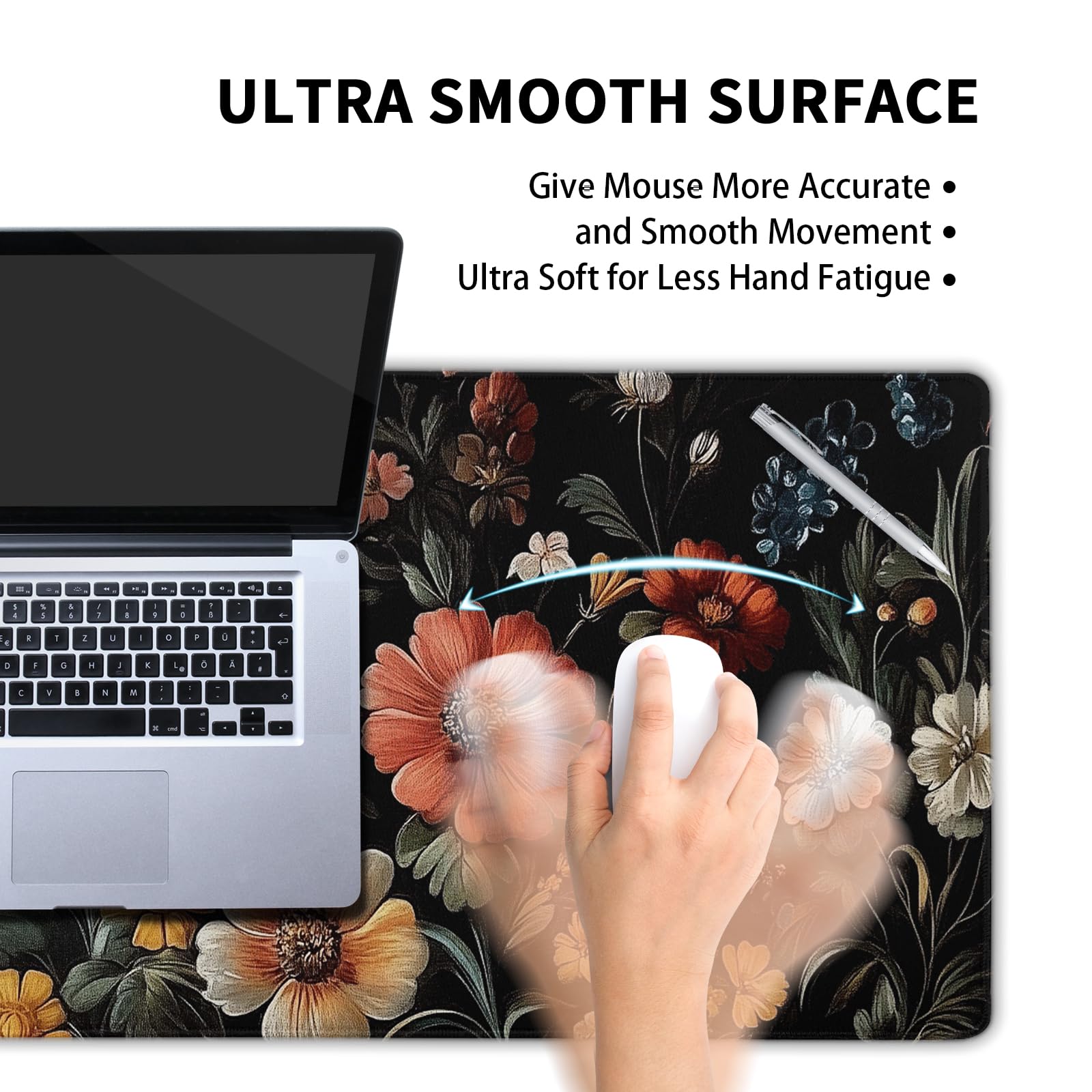 Floral Mouse Mat Vintage Aesthetic Flower Plant Black Extended Mouse Pad Large Gaming Mousepad