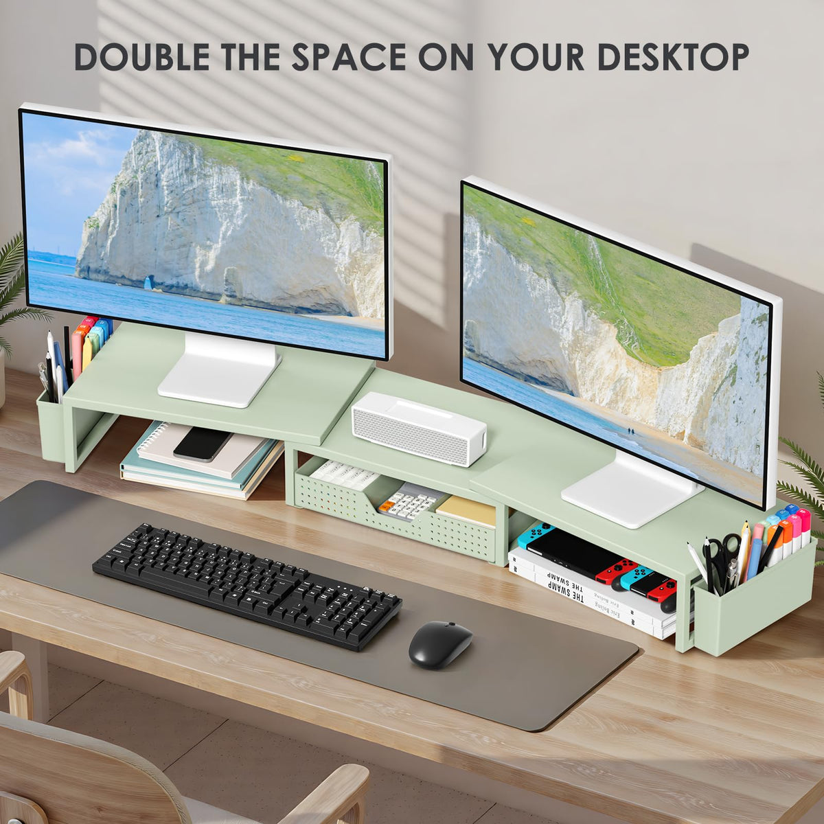 OPNICE Desk Organizers and Accessories, Dual Monitor Stand Riser with Drawer and 2 Pen Holders