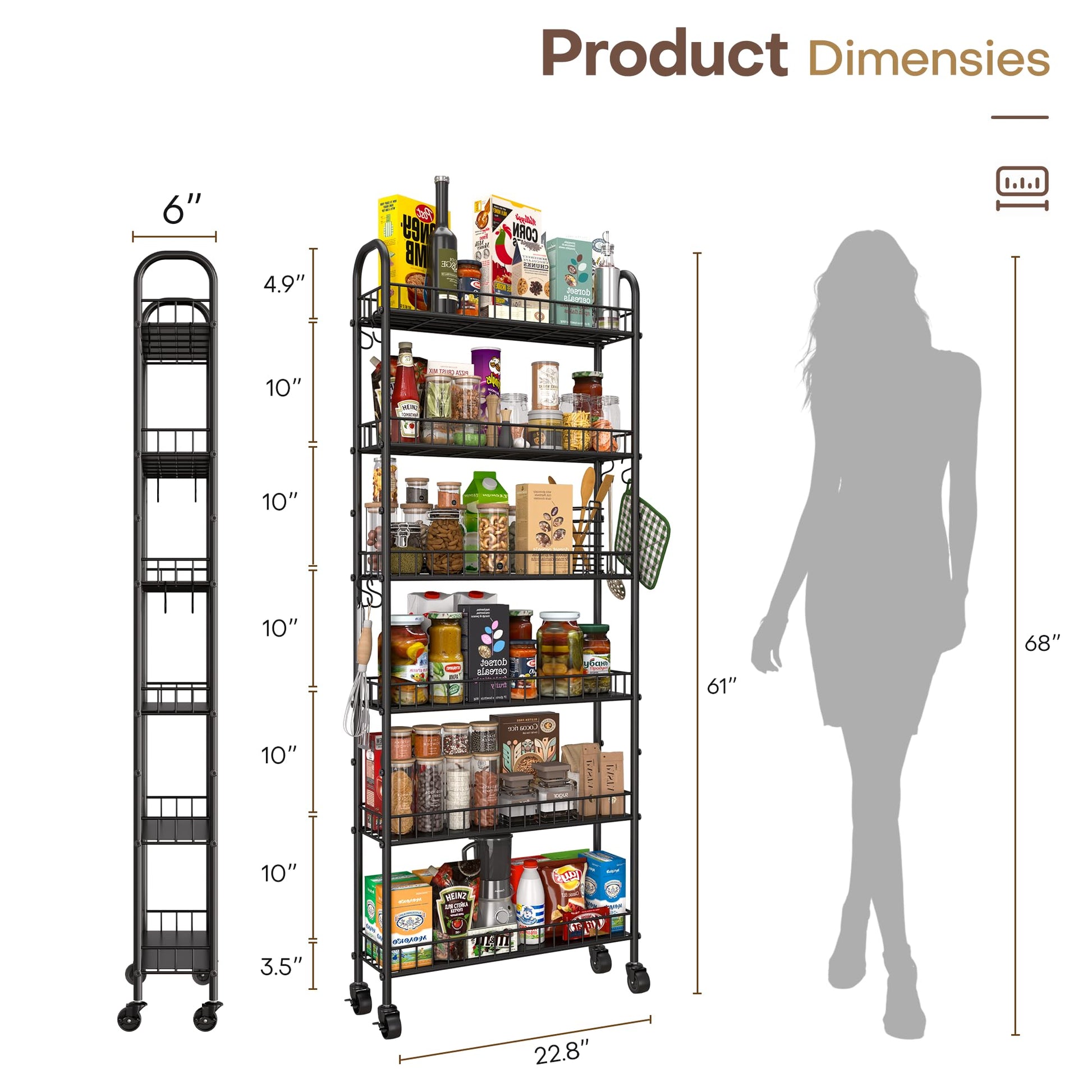 Qiaoxuan Slim Rolling Storage Cart with Wheels, Metal 6 Tier Spice Rack Mobile Shelving Unit