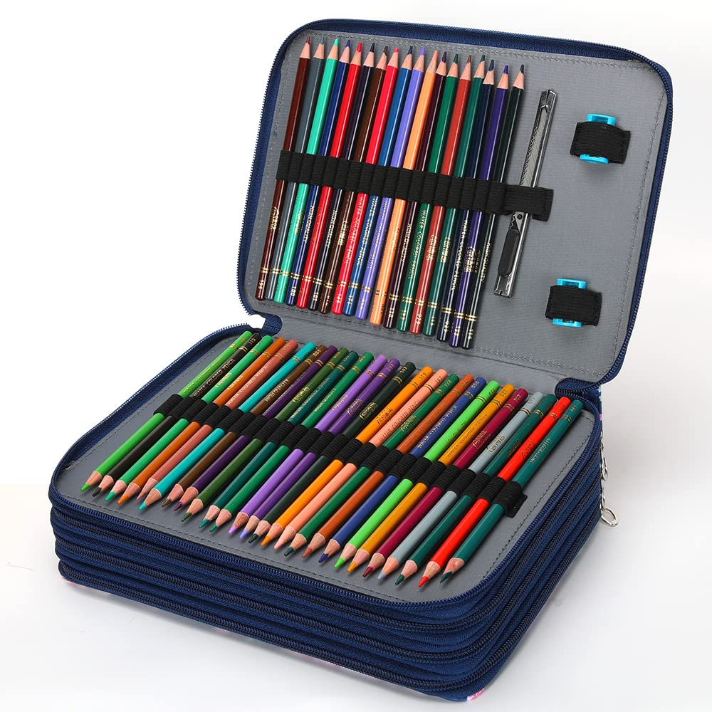 Vomgomfom 200 Slots Pencil Case 4-Layer PU Leather, Handle, Blue Rose