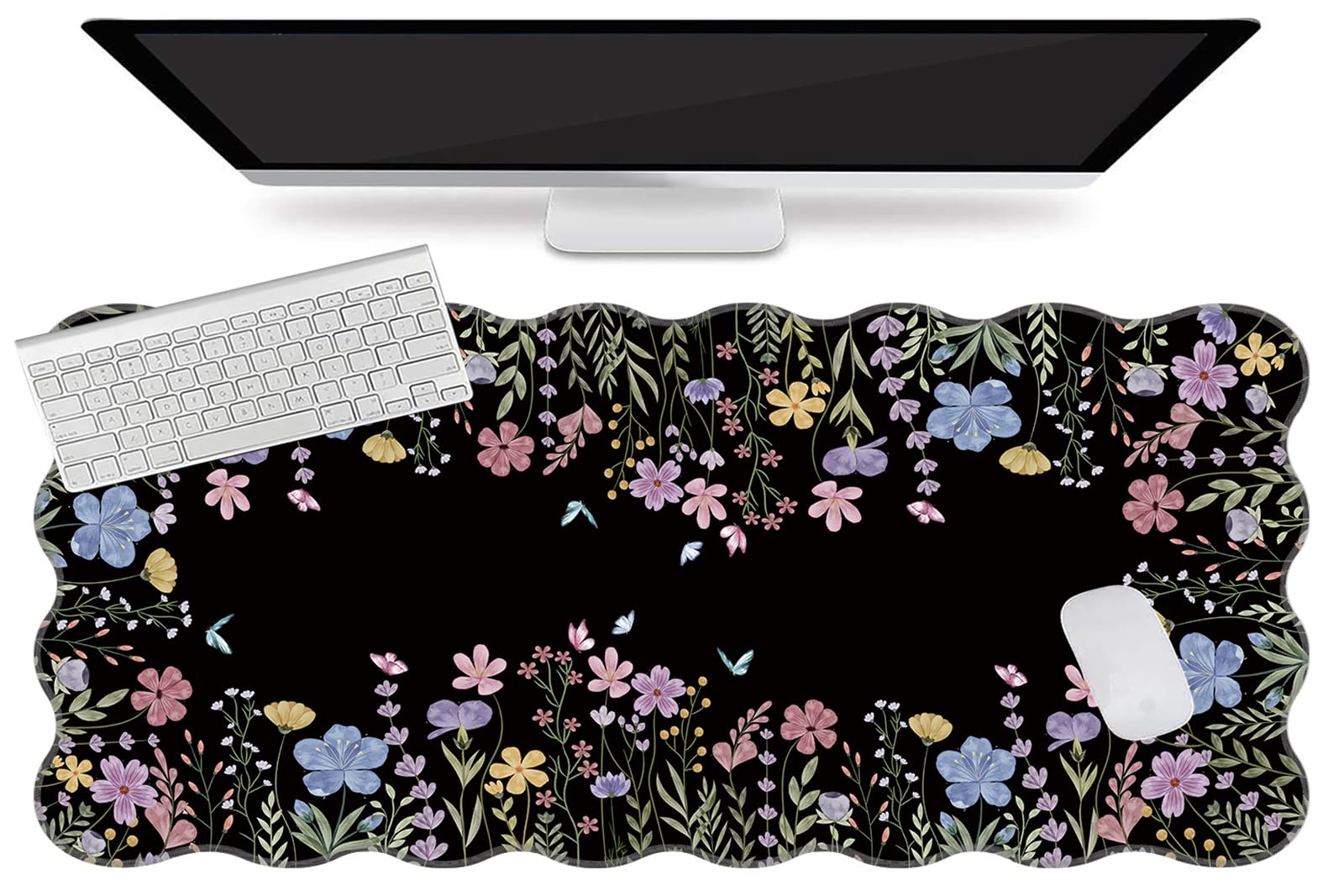 L-SPOUTTO Black Floral Mouse Pad,Scalloped Desk Mat XXL Gaming Mousepad