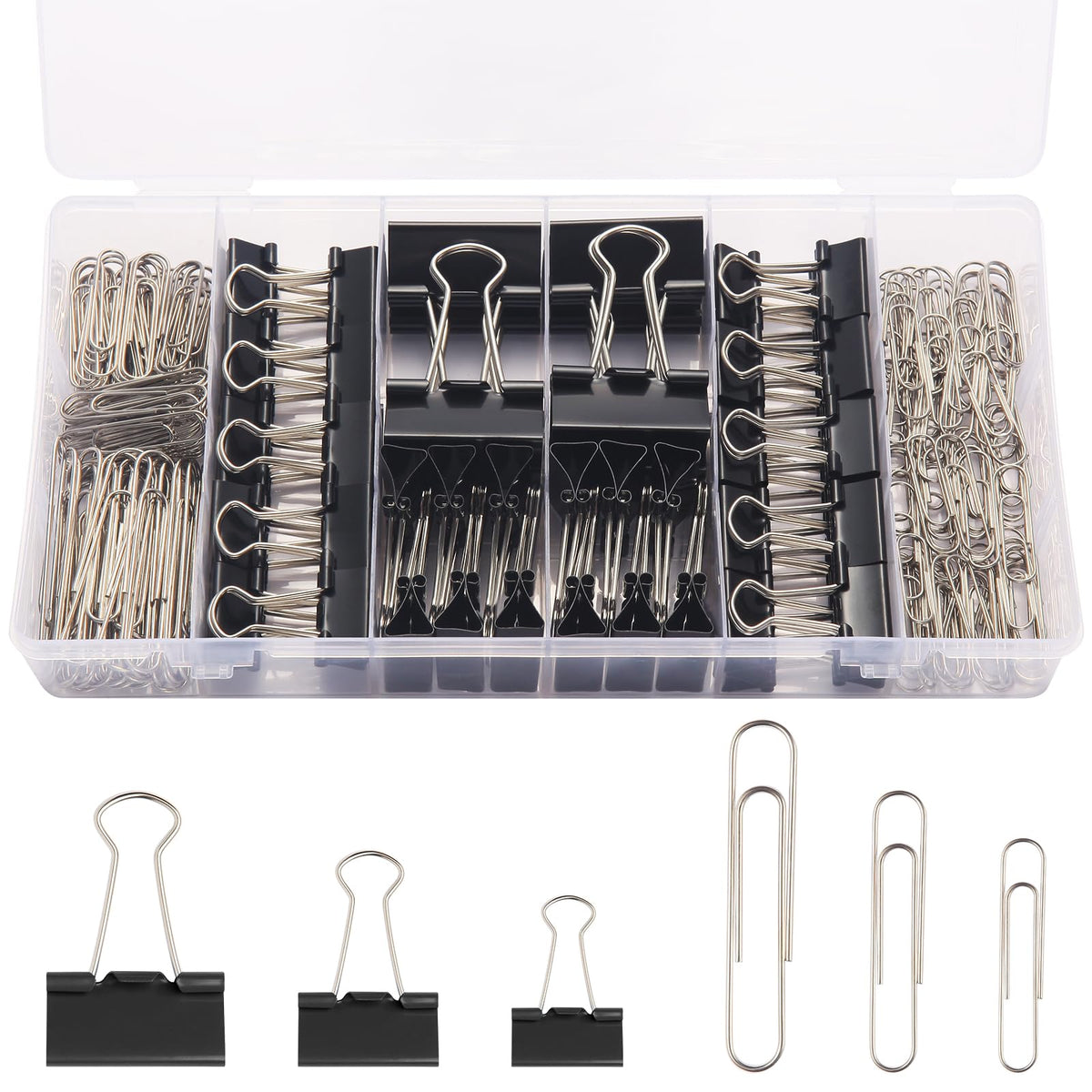 240PCS Black Assorted Size Paper Clips and Binder Clips, Paperclips Large Medium Small, Binder Clip