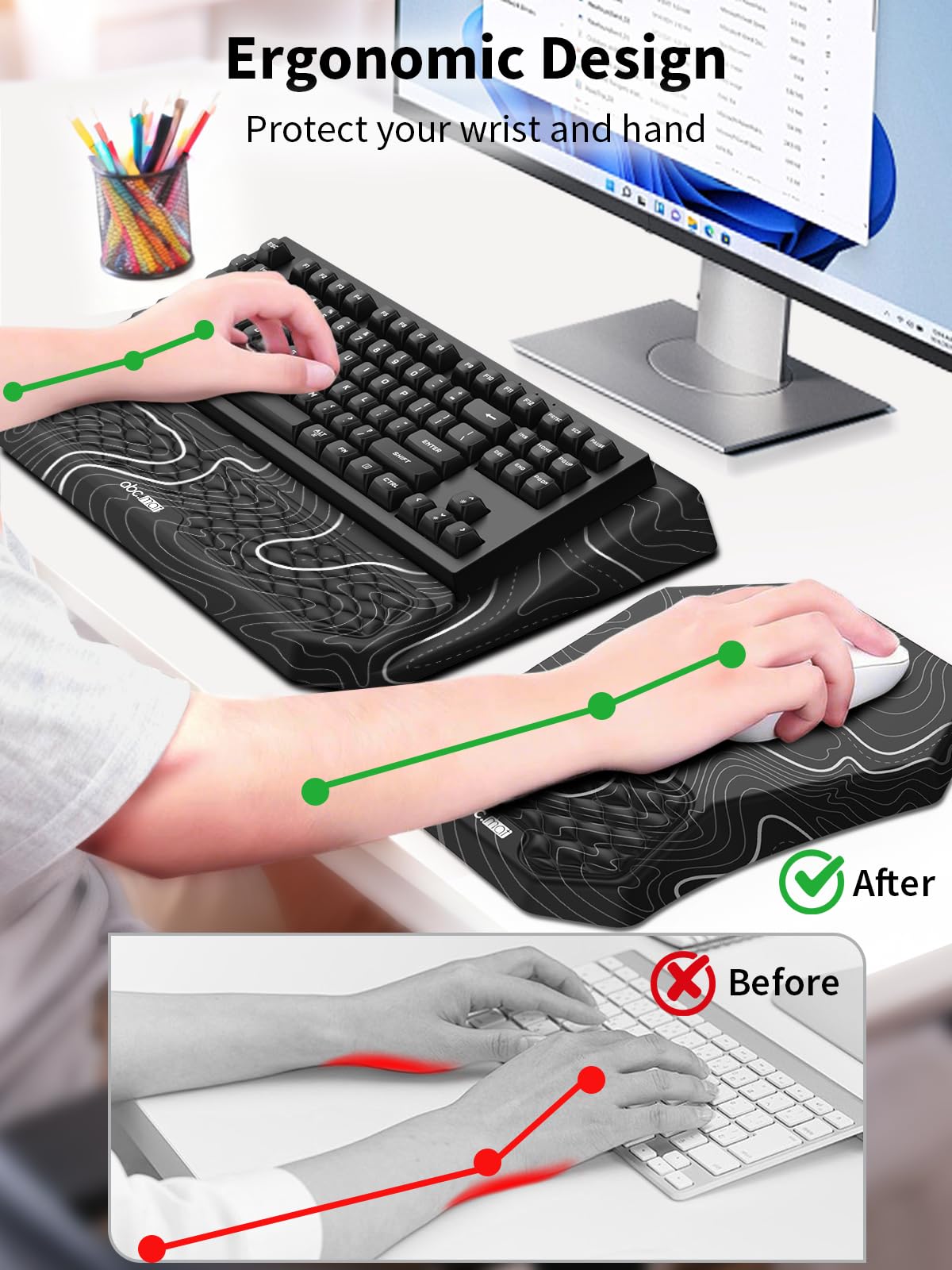 3-in-1 Ergonomic Keyboard Stand with Wrist Rest & Mouse Pad Set,Topographic