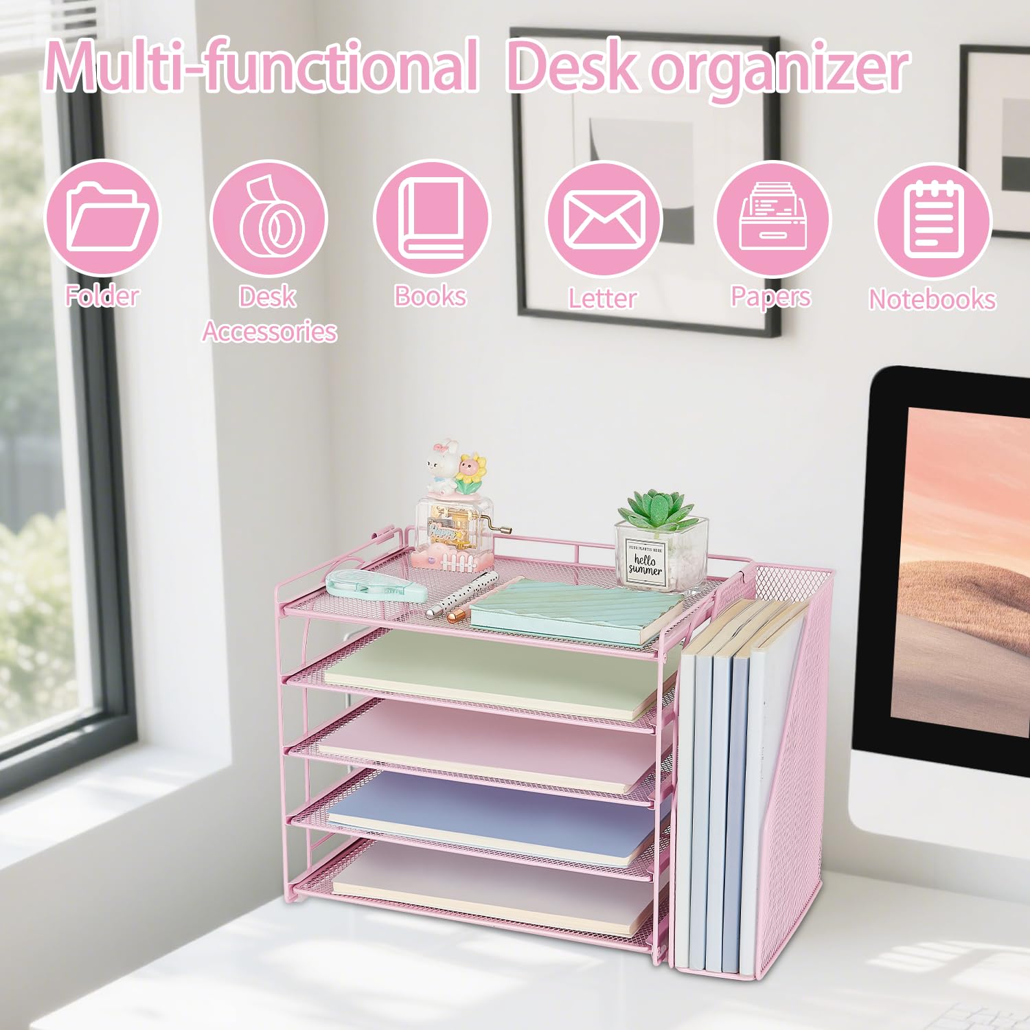 AUPSEN Pink Desk Organizers and Accessories, 5-Tier Desktop Paper File Organizer with Removable