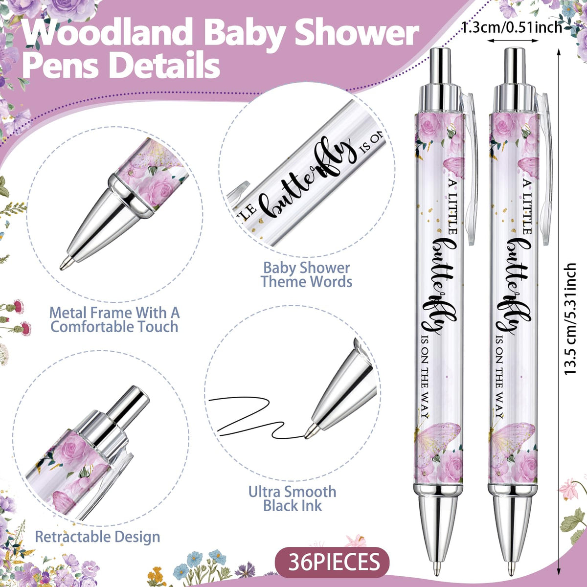 Dinifee 36 Sets Butterfly Baby Shower Favor, Pink Pen with Greeting Cards