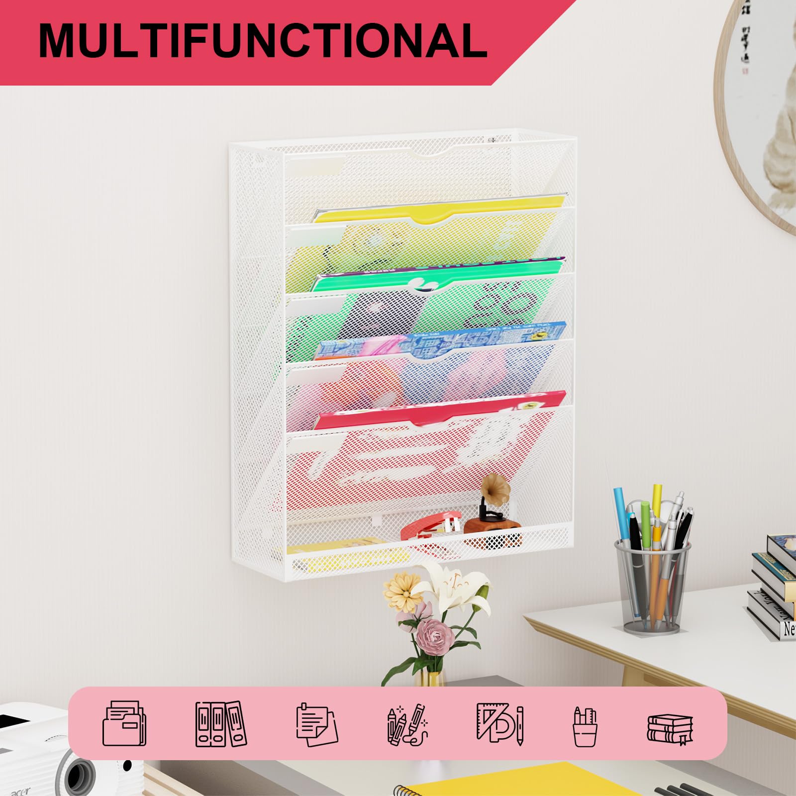 GDINDINFAN Hanging Wall File Organizer 6 Tier Wall Mounted File Holder Document Wall Organizer