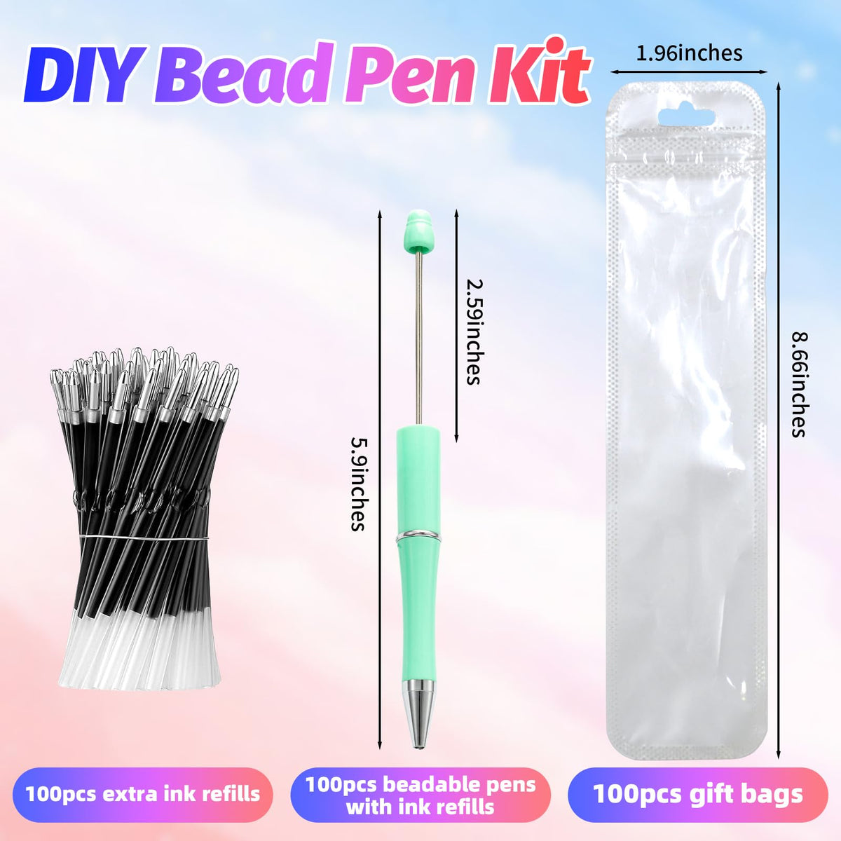 DASTTUIS 300 Pieces DIY Beadable Pens Kit - 100 plastic Beadable Pens Bulk, Refills & pen bags