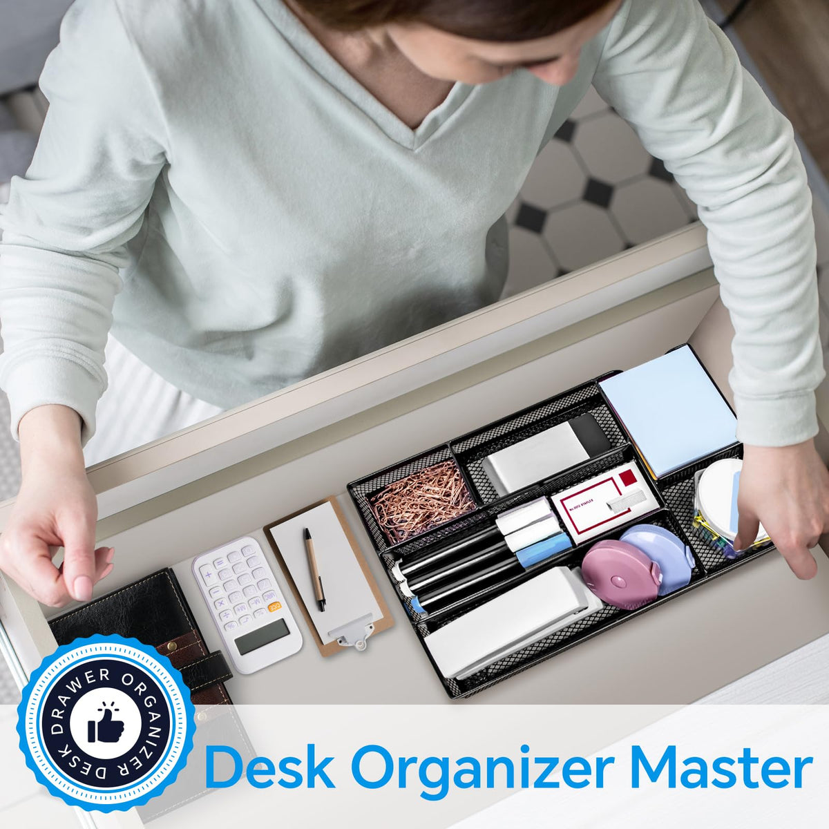 Kciplab Desk Drawer Organizer, Office Drawer Divider Organizer Tray with 6 Compartments, Metal Mesh