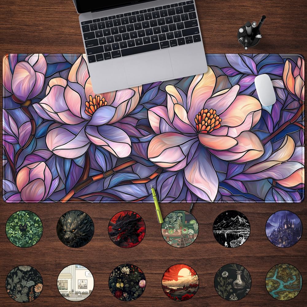 Floral Desk Mat Gaming Faux Stained Glass Artistic Patterns Large Mouse Pad