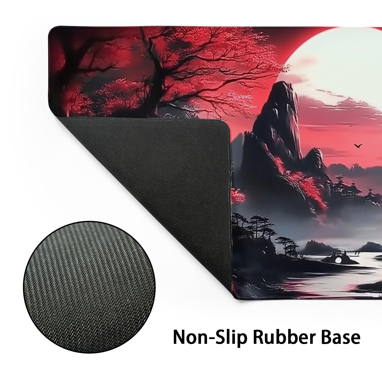 Black Red Japanese Gaming Mouse Pad XL Moon Sakura Cherry Blossom Extended Big Large Desk Mat