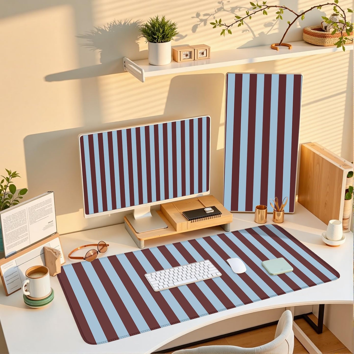 Maroon Striped Desk Mat Cute Pastel XXL Large Gaming Mouse Pad Desk Pad Kawaii Cozy Aesthetic