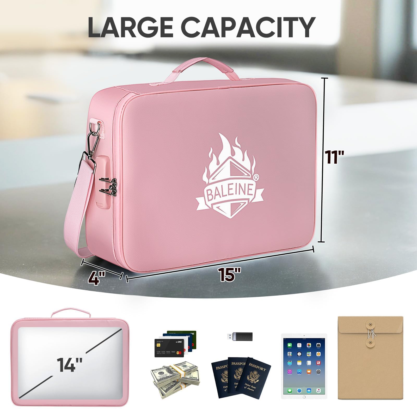 BALEINE Fireproof Document Box with Lock, Waterproof Fire Safe File Bag