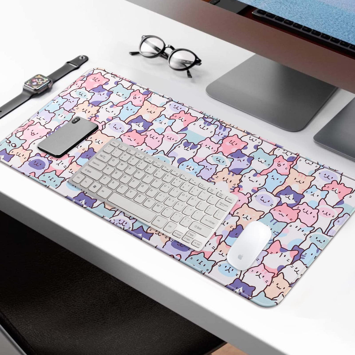 JIANG100 Cute Kawaii Cat Gaming Desk Mat, Extended Large Mouse Pad, Pink