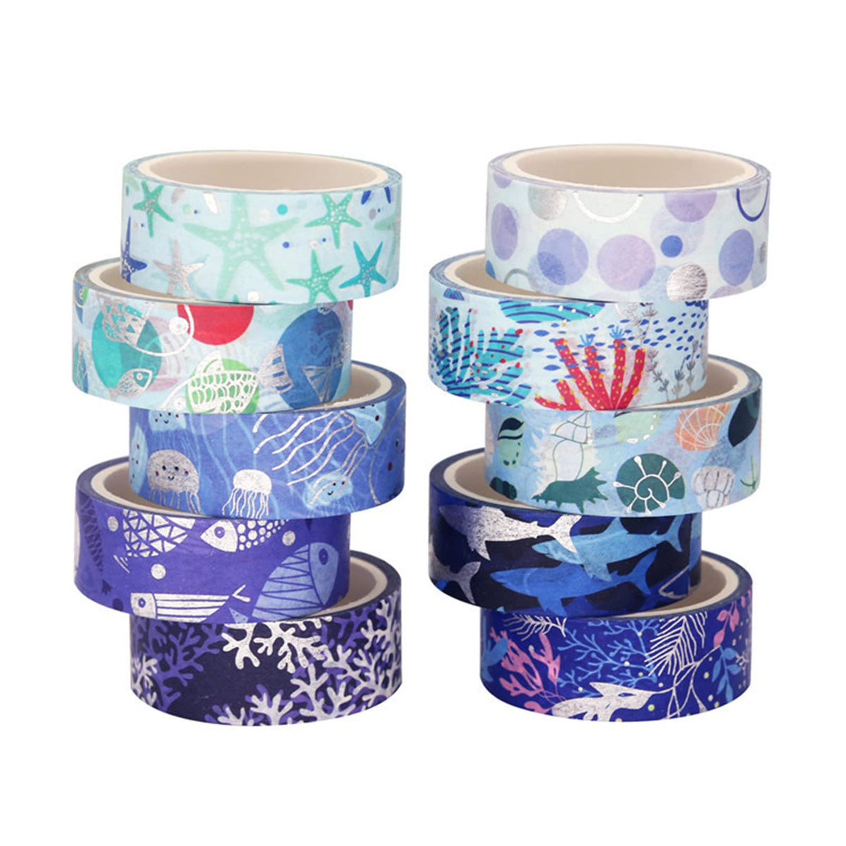 Esweny Blue Ocean Washi Tape Set 10 Rolls Bronzing Sea Decorative Masking Tapes for Scrapbooking