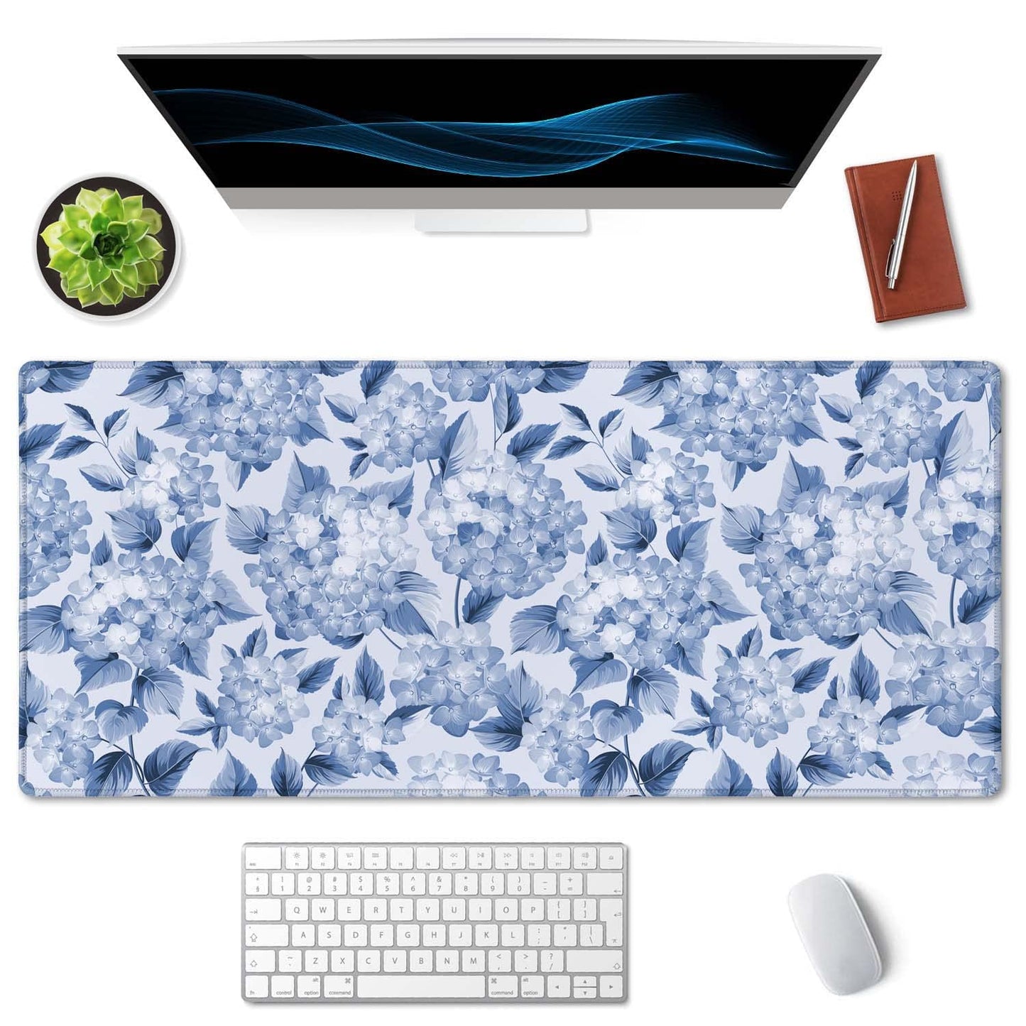 SSOIU Blue Hydrangea Flowers Desk Mat, Floral Large Aesthetic Mouse Pad 35.5" X 15.7", Waterproof