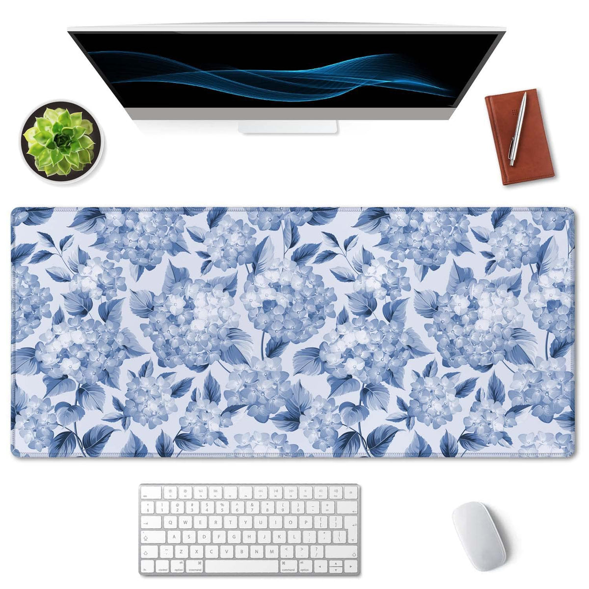 SSOIU Blue Hydrangea Flowers Desk Mat, Floral Large Aesthetic Mouse Pad 35.5" X 15.7", Waterproof