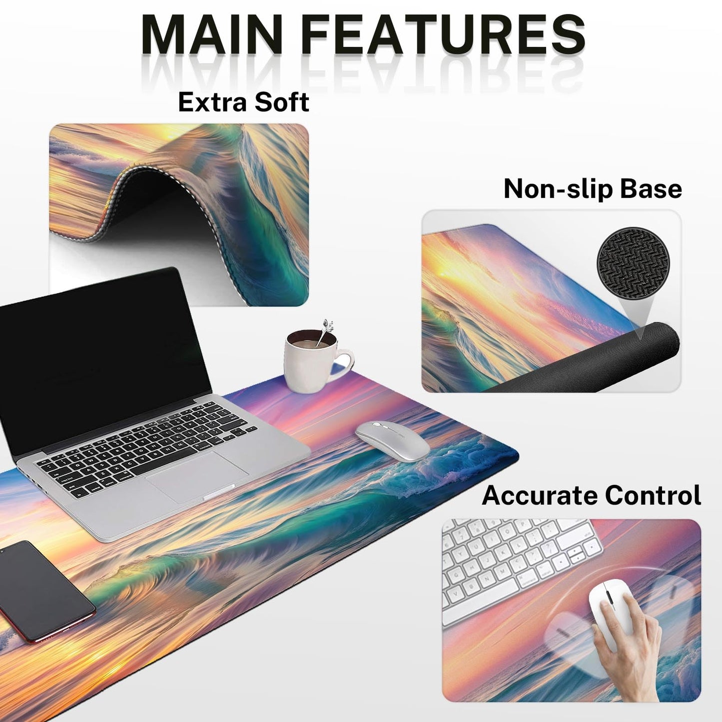 Britimes Keyboard Mouse Pad Set, 4 in 1 Desk Mat Set, Sunset Beach