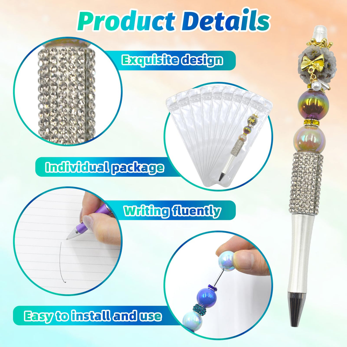 DASTTUIS 150 Pcs DIY Diamond Beadable Pen Kit - 50 Plastic Rhinestone Beaded Pens Bulk with Refills
