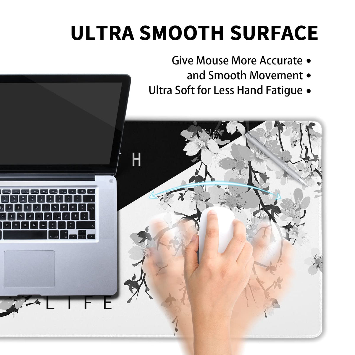 Black White Japanese Mouse Pad 35.4 X 15.7 Inch XXL Cherry Blossom Death Life Full Desk Mousepad
