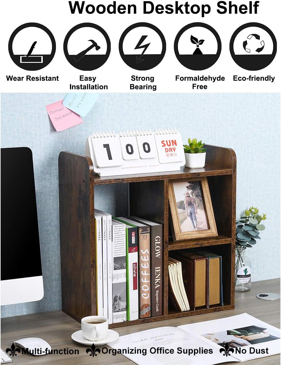 PAG-Mass Desktop Bookshelf Freestanding Wooden Countertop Bookcase Accessories Organizer Display