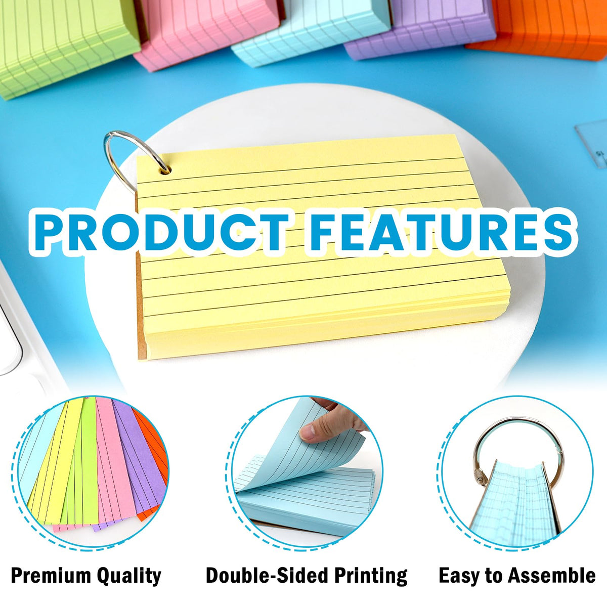 Lovppy 600PCS Index Cards,3x5 Inches Colored Flash Cards with Ring, Punched Lined Flashcards Ruled