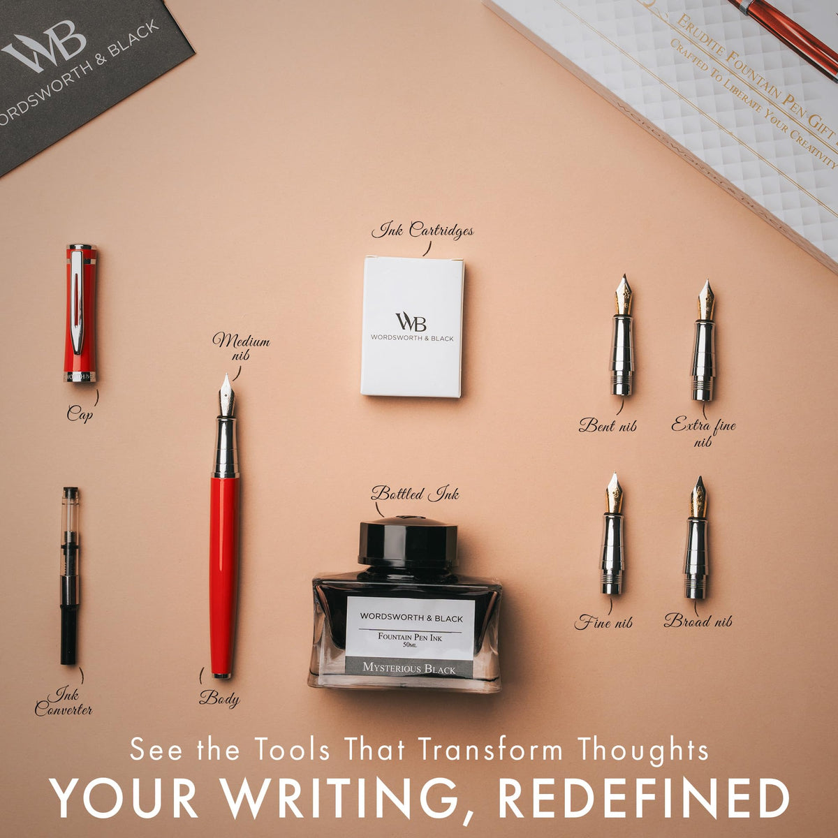 Wordsworth & Black Luxury Fountain Pen Set for Writing, 6 Nibs, Red