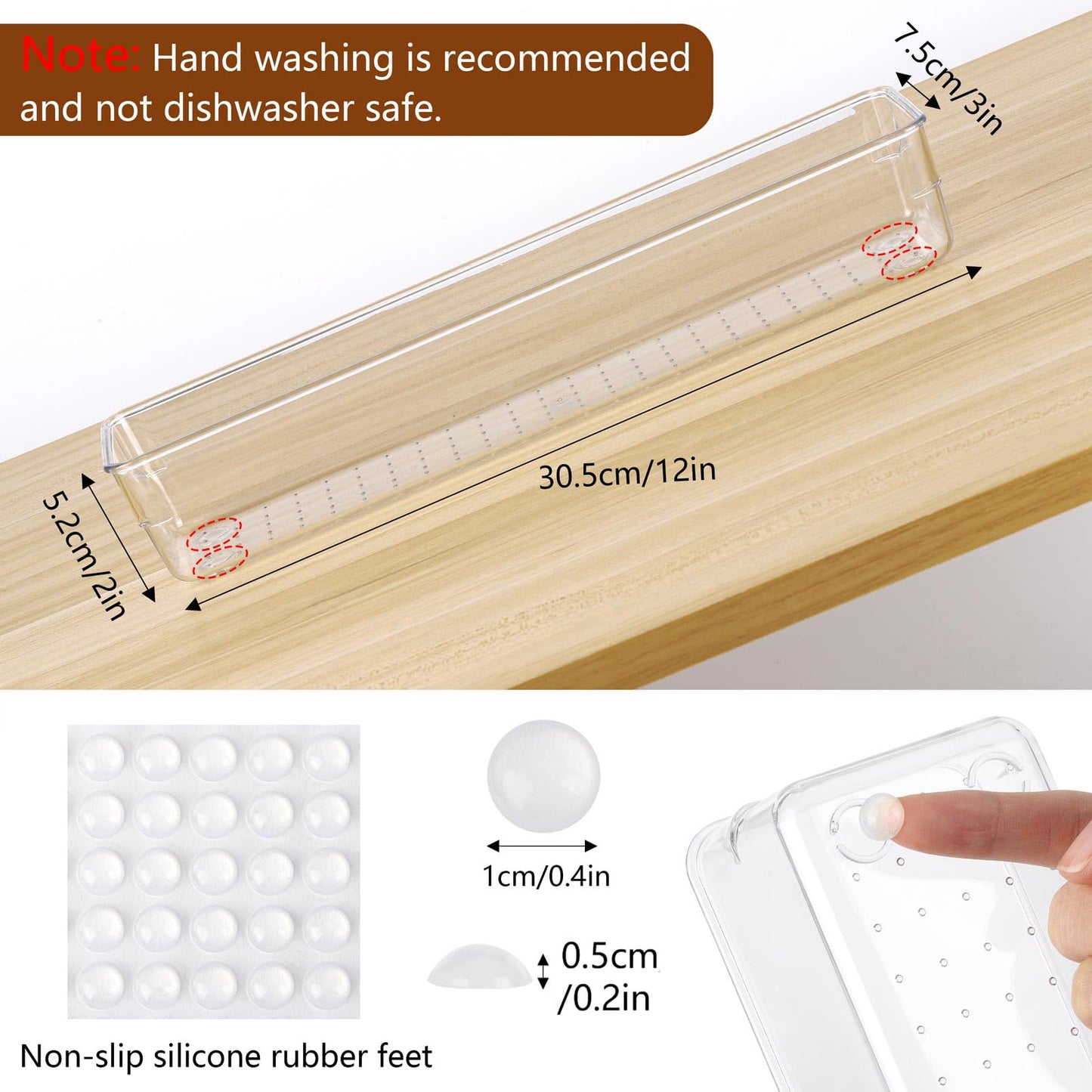 Ohlove 6 Pcs Large Clear Plastic Drawer Organizers Tray 12"x3" Storage Bins with 25 Pcs Non-Slip