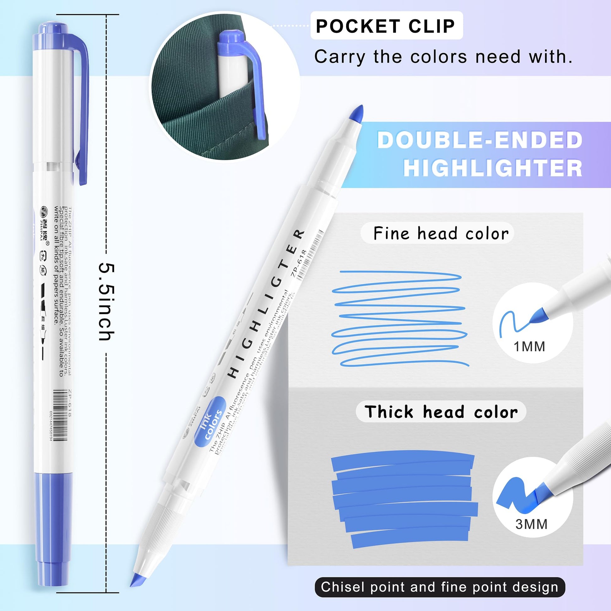 Zmcik Double Ended Highlighters with Soft Chisel Tip, 25-Pack Quick Dry Assorted Colors, Pastel