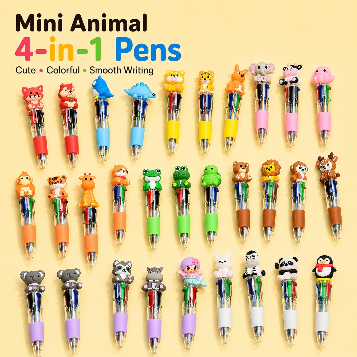 Mini Multicolor Pens -30 Pack Kawaii Animal 4 in 1 Colors Ballpoint Pens for Office