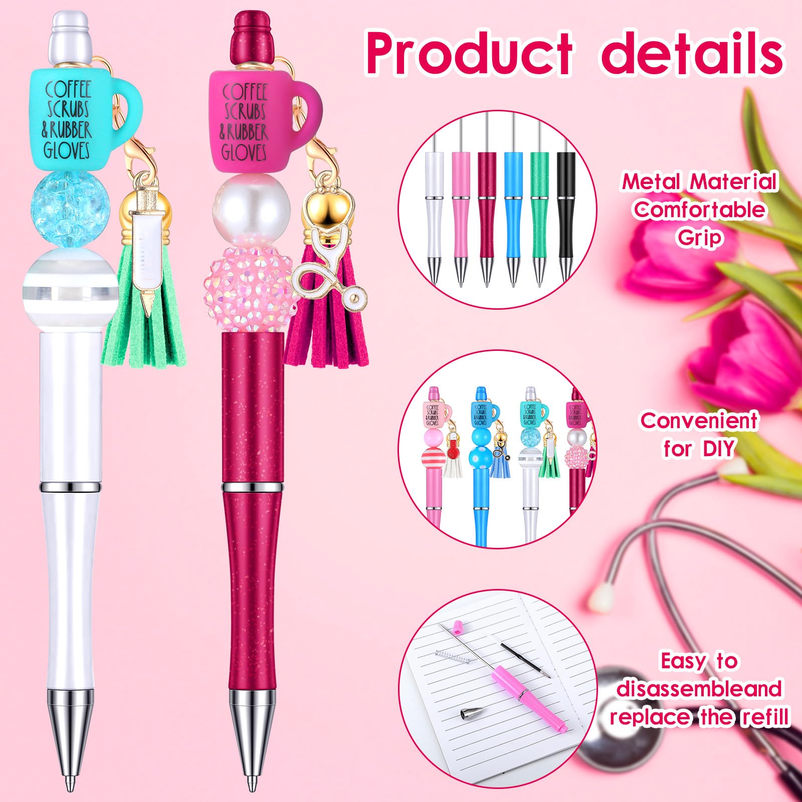 Jutom 12 Pcs Nurse Beadable Pens Bulk with 50 Pcs Colorful Beads DIY Making Kit 12 Tassels Pendants