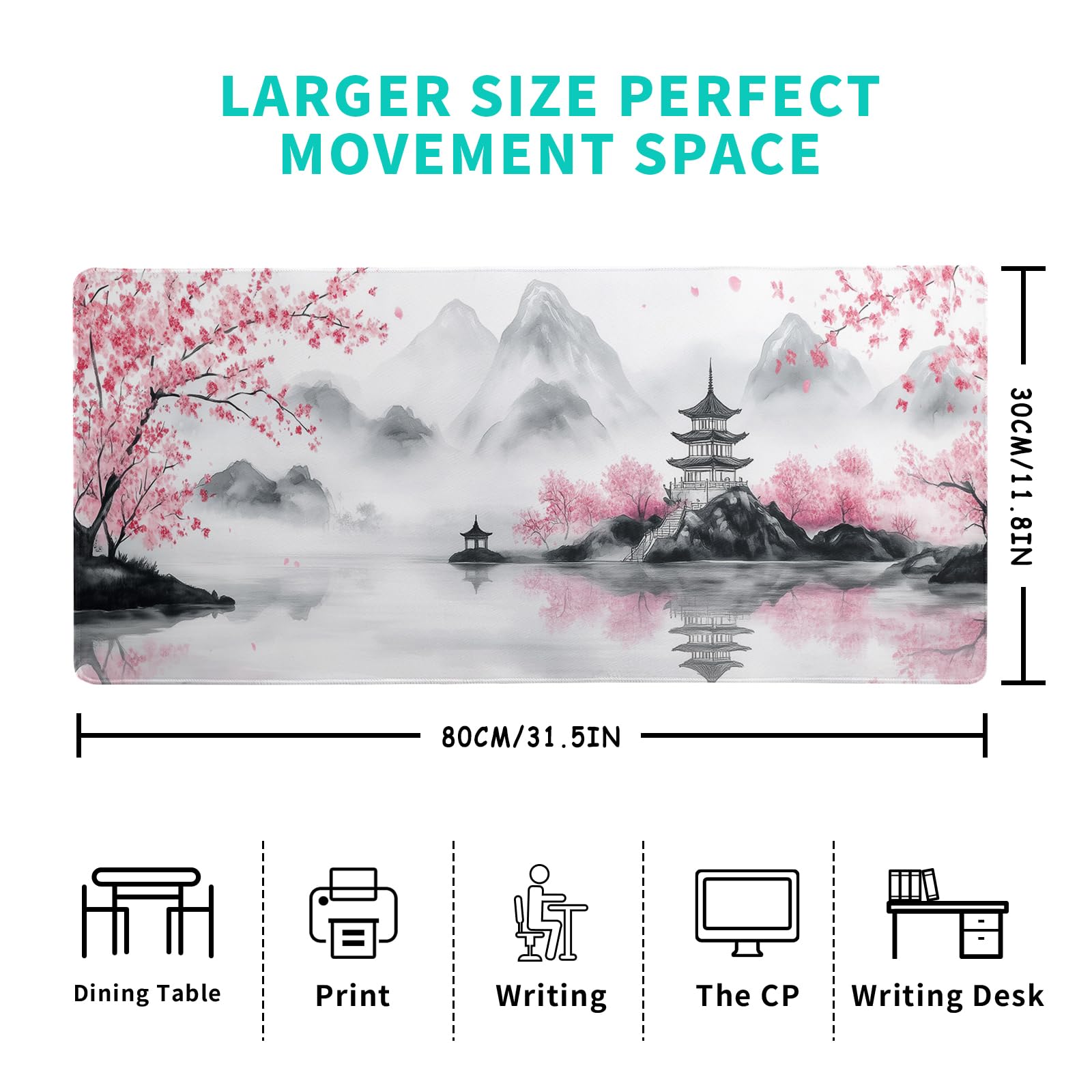 Pagoda Mouse Pad 31.5x11.8 Inch White Full Desk Japanese Mousepad Extended Large Non-Slip Rubber