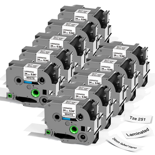 10 Pack Compatible with Brother P Touch 24mm 0.94” TZe-251 TZ TZe251 Tape