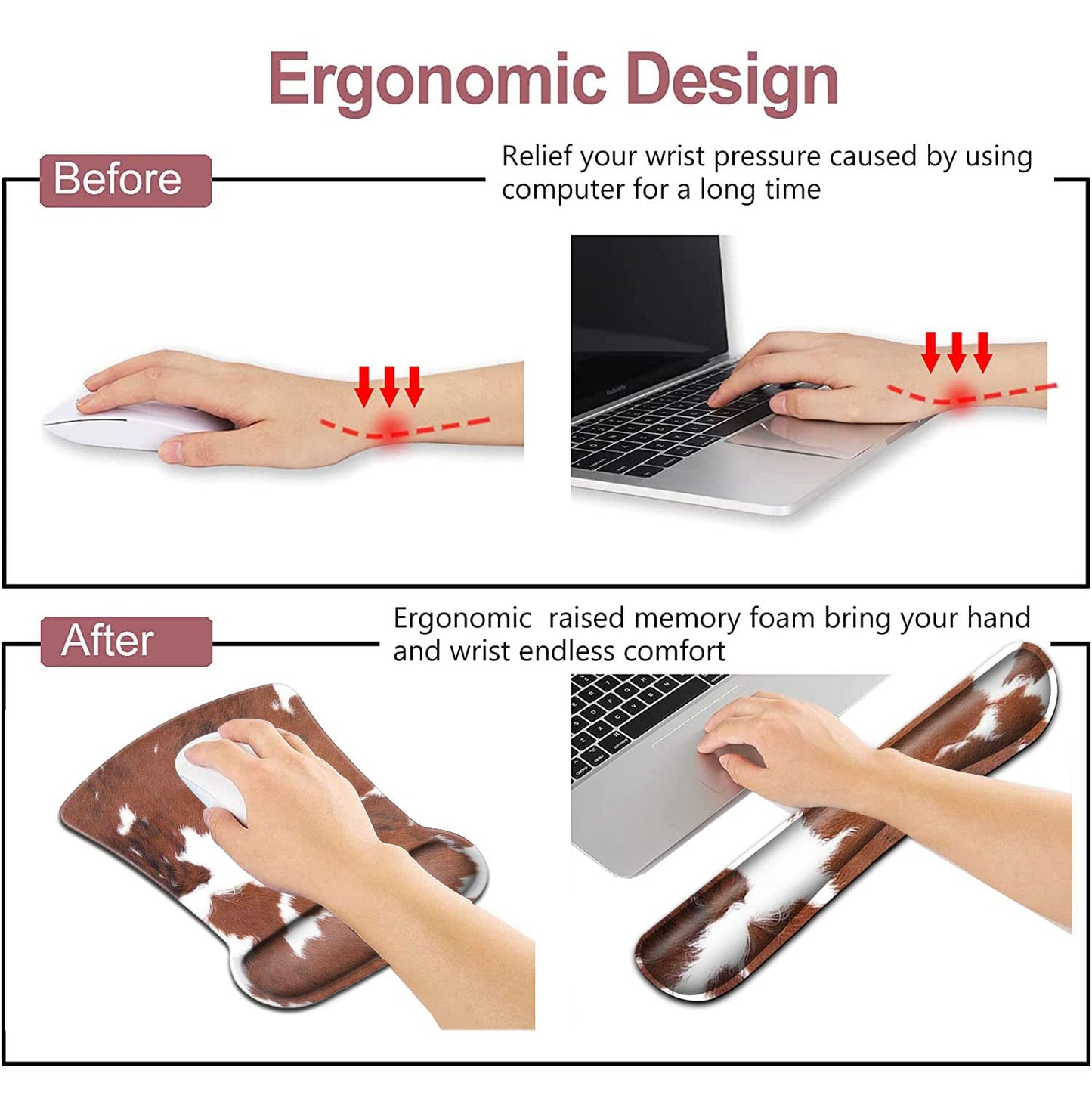 Keyboard Wrist Rest and Mouse Pad with Wrist Support Ergonomic Mousepad Coaster, Cowhide Farm