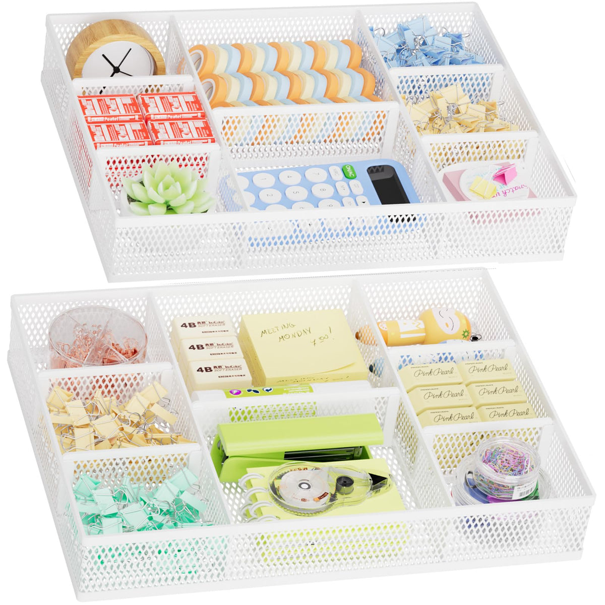 Marbrasse 2 Pack Desk Drawer Organizer, Mesh Drawer Organizer Tray with 8 Adjustable Compartments