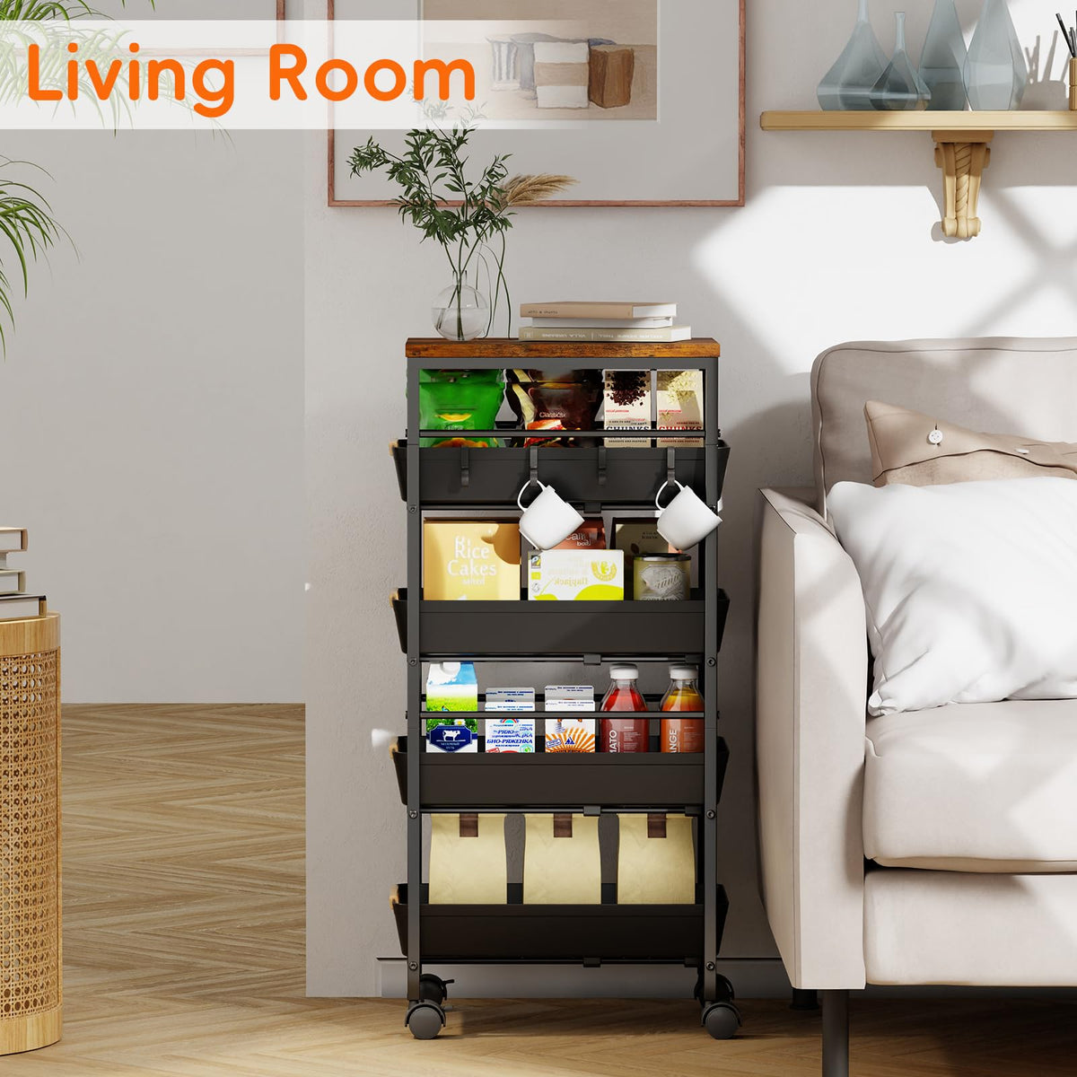 Landmok 5-Tier Kitchen Storage Cart, Wood Top Rolling Cart Organizer with Pull-Out Baskets &