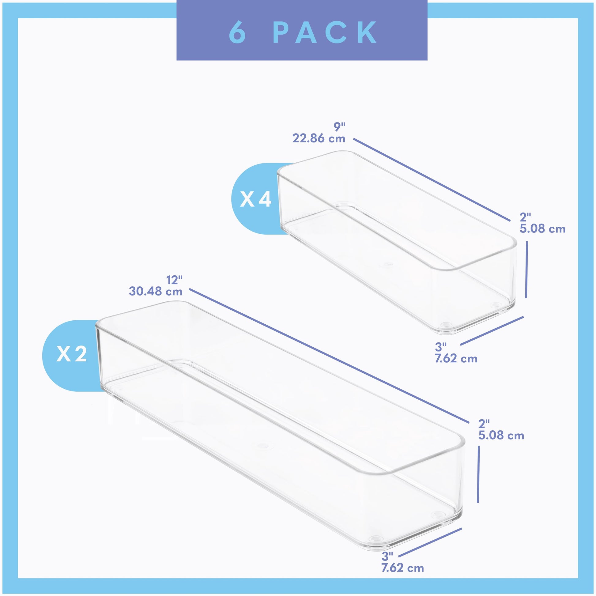 primebox Six Pcs. Plastic Clear Drawer Organizers. Stackable Storage Trays for Kitchen Utensils and