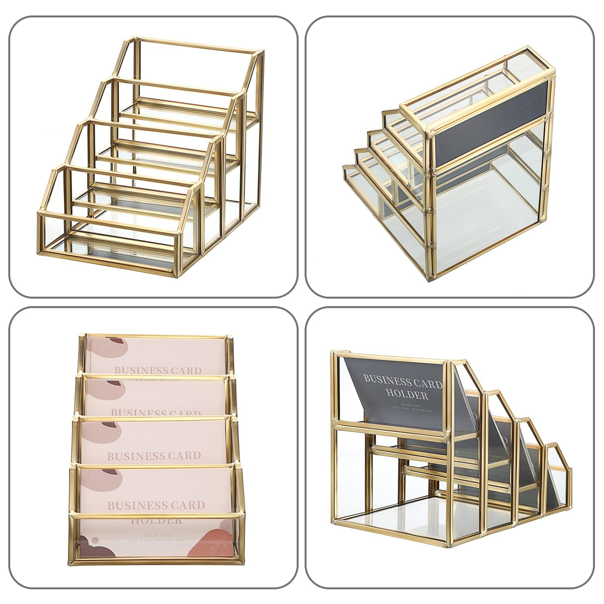 Hipiwe 4 Slots Glass Business Card Holder with Gold Metal Frame for Desktop