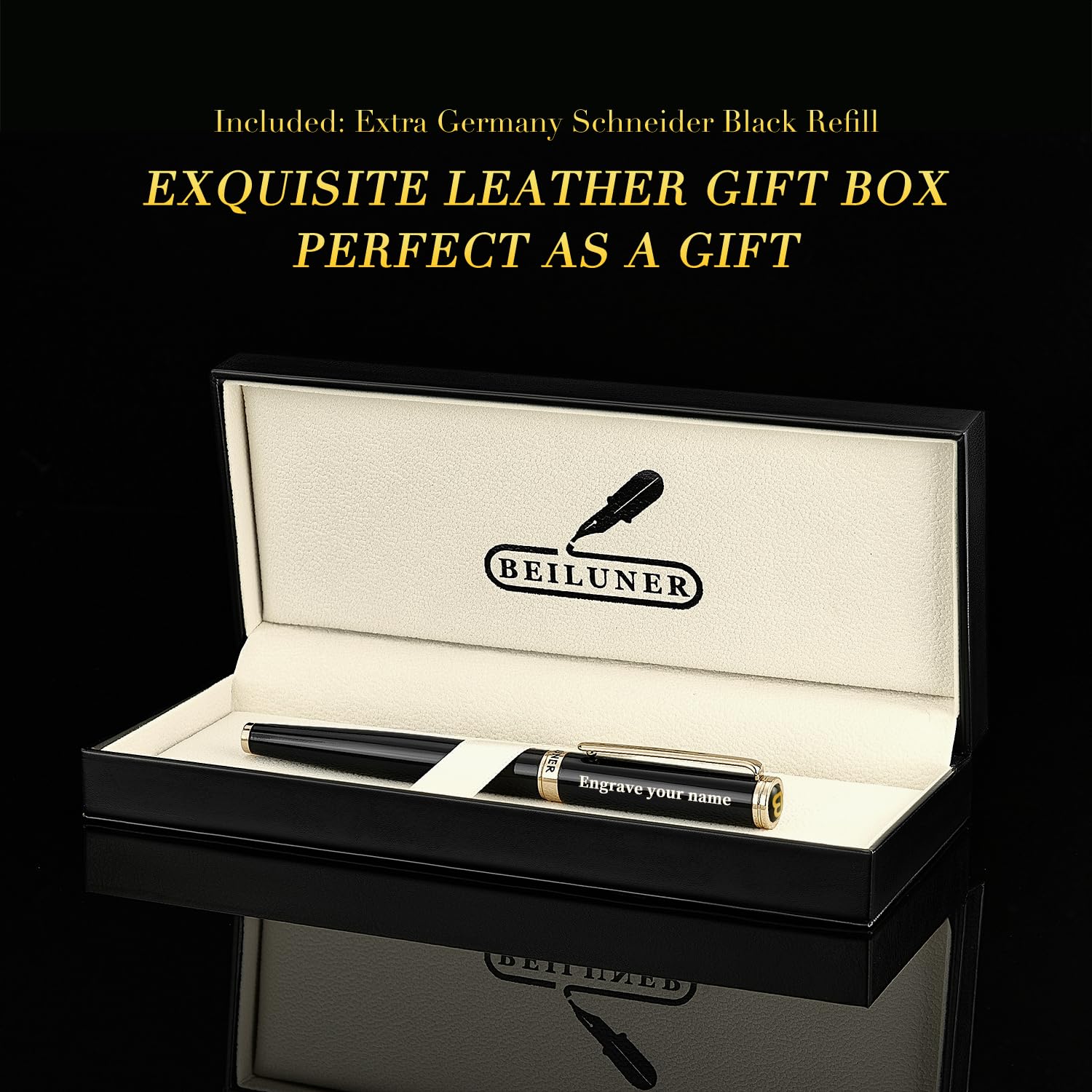 BEILUNER Black Personalized Fountain Pen,Stunning Luxury Lacquer,24K Gilded Nib(Fine),Gorgeous 24K