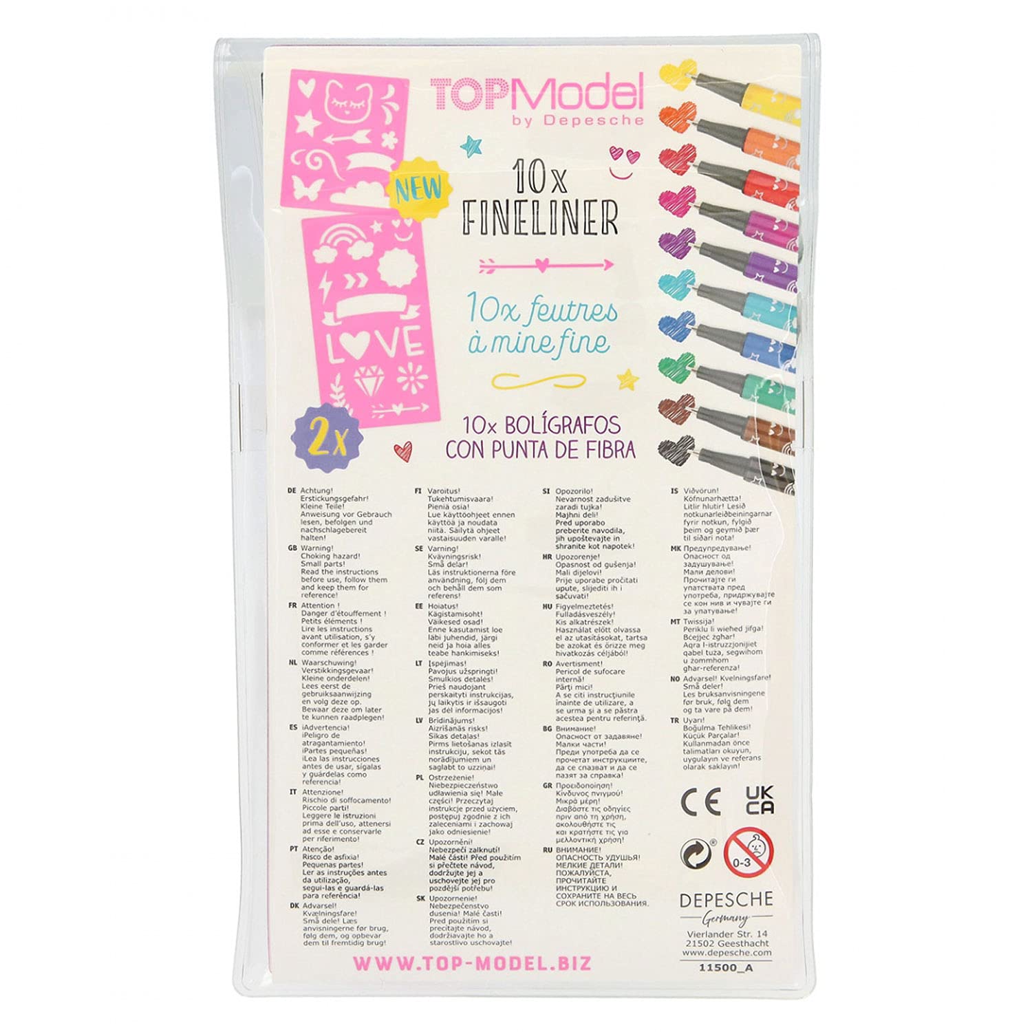 Depesche 11500 TOPModel - Fineliner Set with 10 Pens and 2 Stencils, Fine Painters in 10 Different